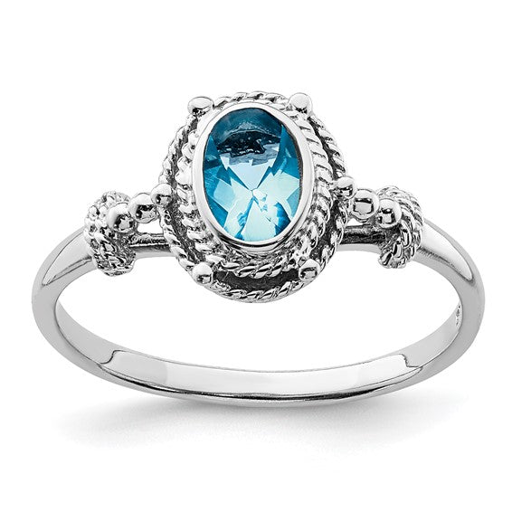 Sterling Silver Rhodium-plated with Blue Oval CZ Stone Ring