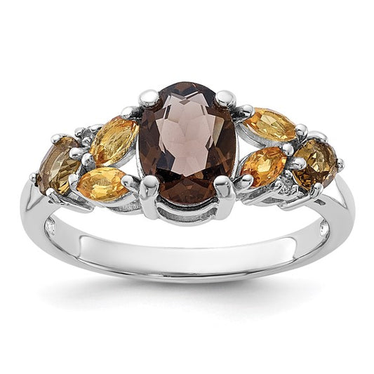 Sterling silver ring with smoky and whiskey quartz, citrine, and white topaz, size 7