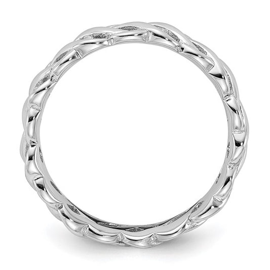 Front view of the carved twist sterling silver stackable band