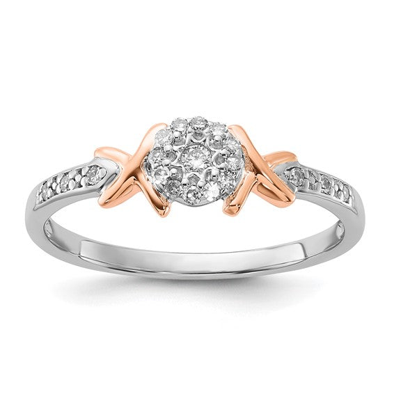 Sterling silver X-design ring with 10k rose gold accent and diamond cluster, size 7