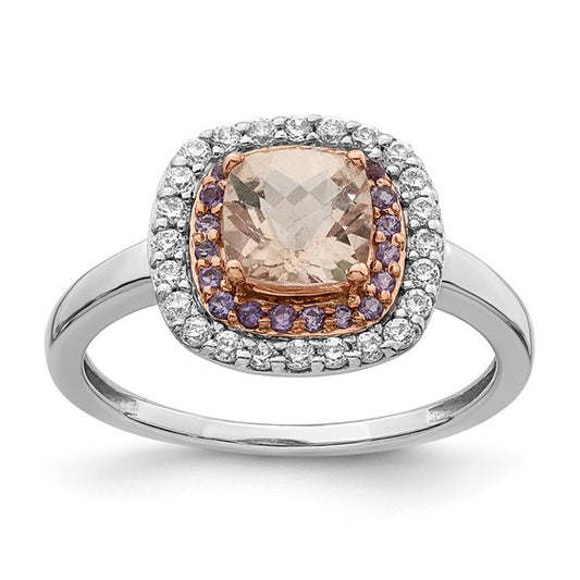 Sterling silver rose-plated cushion ring with morganite, amethyst, and cubic zirconia, size 7