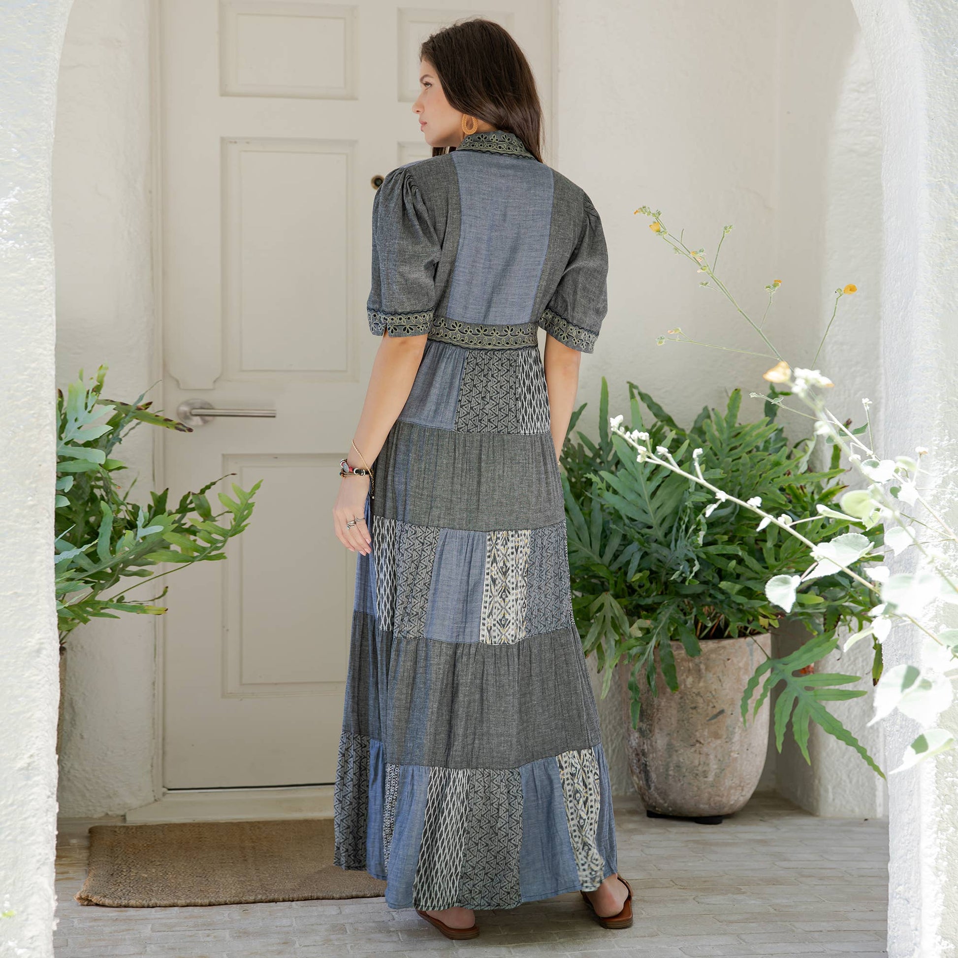 Back view of the chambray patchwork maxi dress