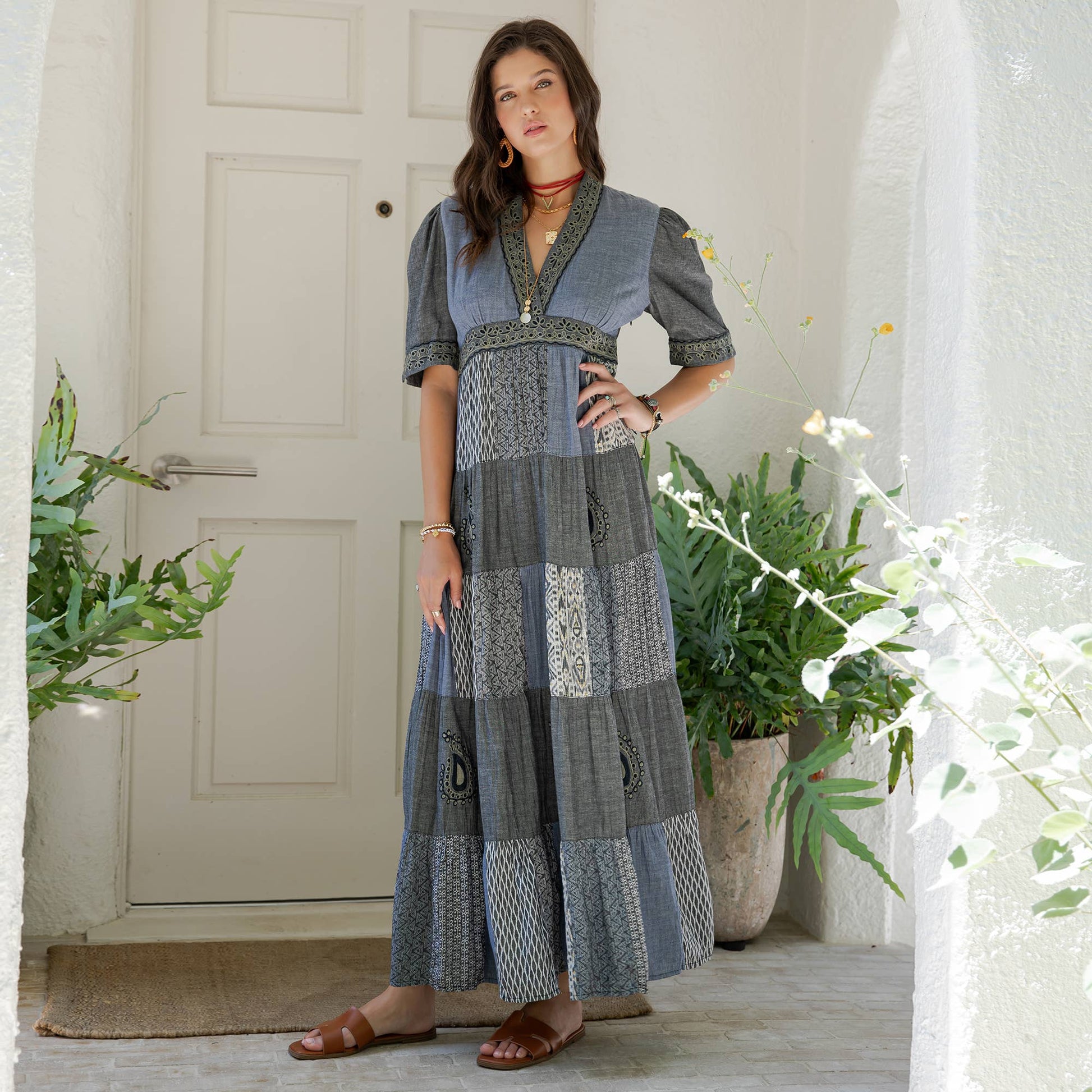 Full-length front view of the chambray maxi dress