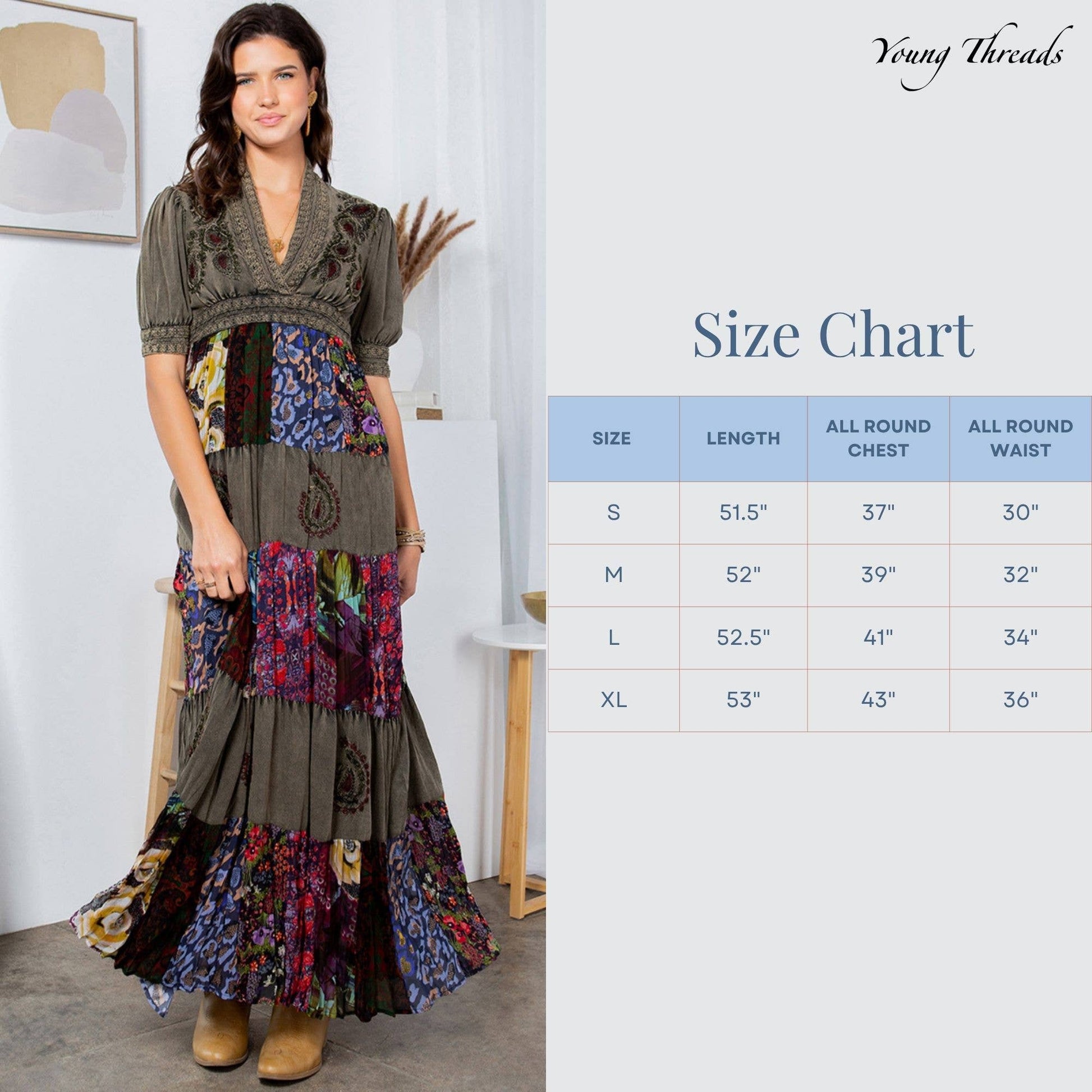 Supplier size chart, shown on the same dress style in an olive floral colorway; this listing is chambray blue
