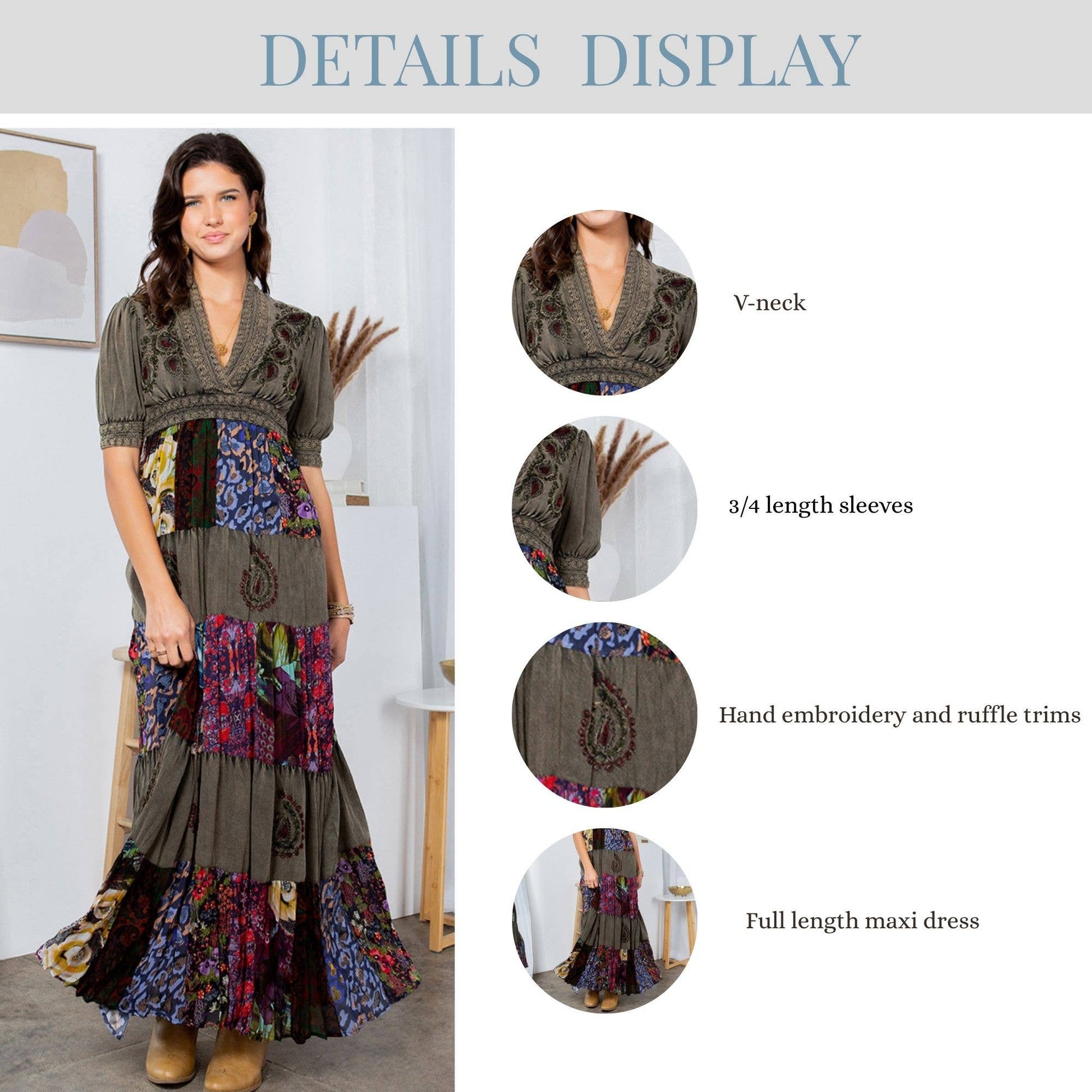 Supplier detail collage of the dress style in an olive floral colorway; this listing is chambray blue