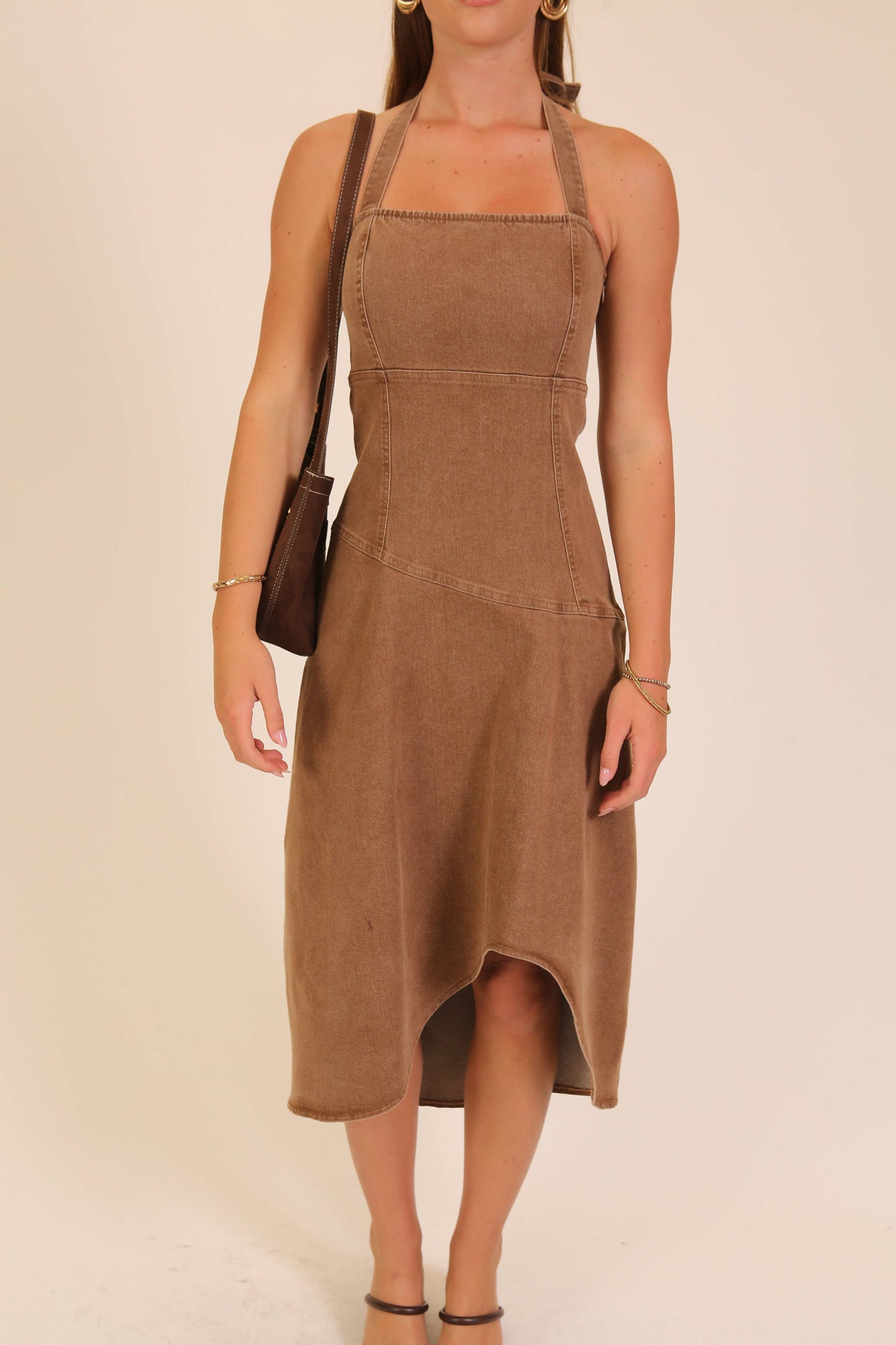Chocolate stretch denim halter midi dress with square neckline, photo 3 of 6