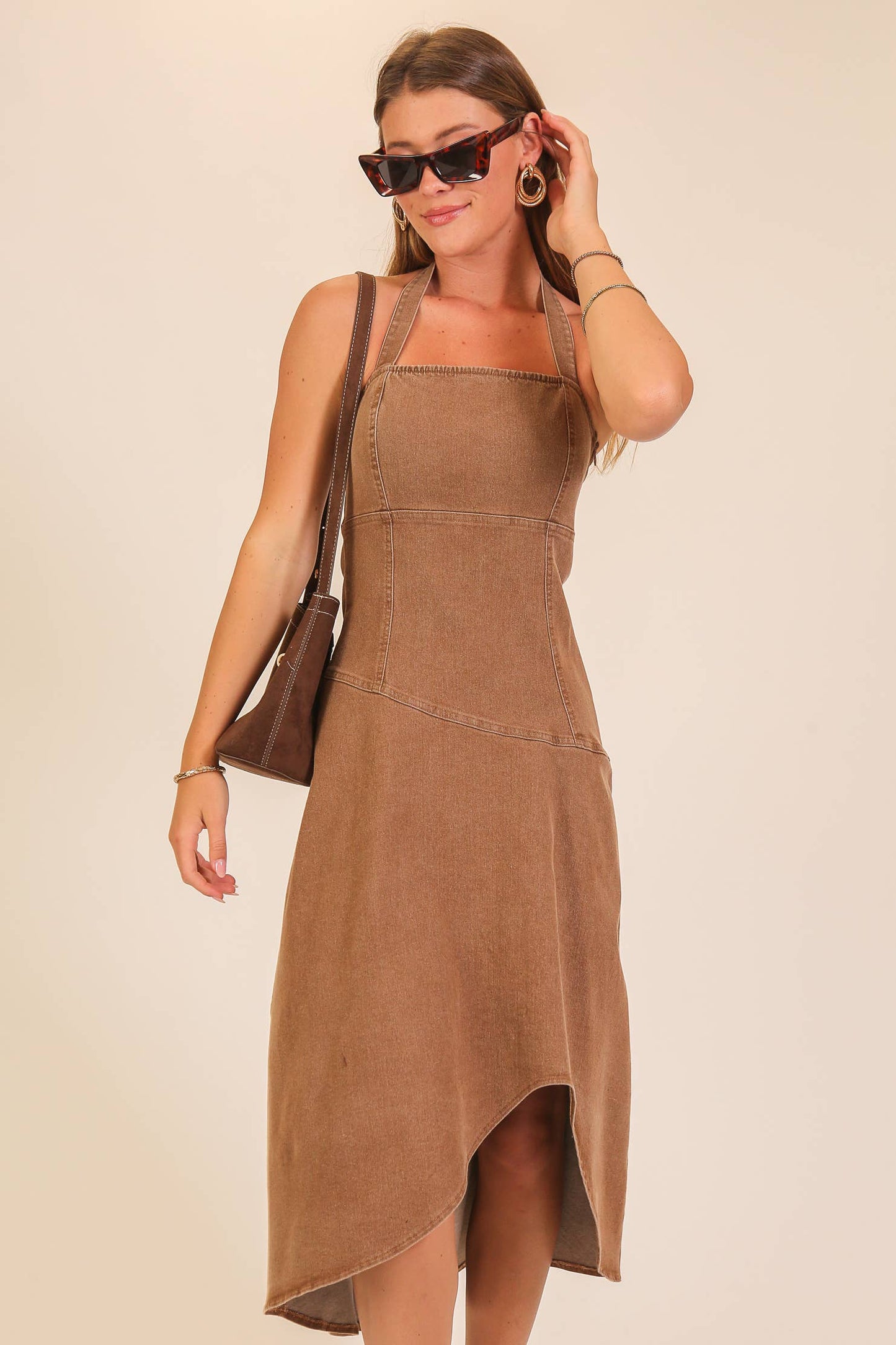 Chocolate stretch denim halter midi dress with square neckline, photo 5 of 6