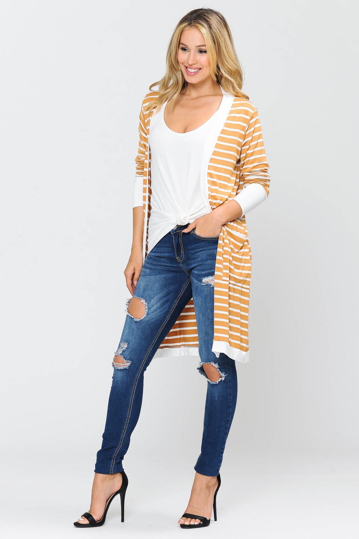 Striped Midi Open Cardigan - Gold, 95% rayon, 5% spandex