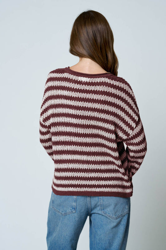 Back view of the burgundy striped sheer knit sweater showing the drop shoulder seam and the horizontal stripe across the back