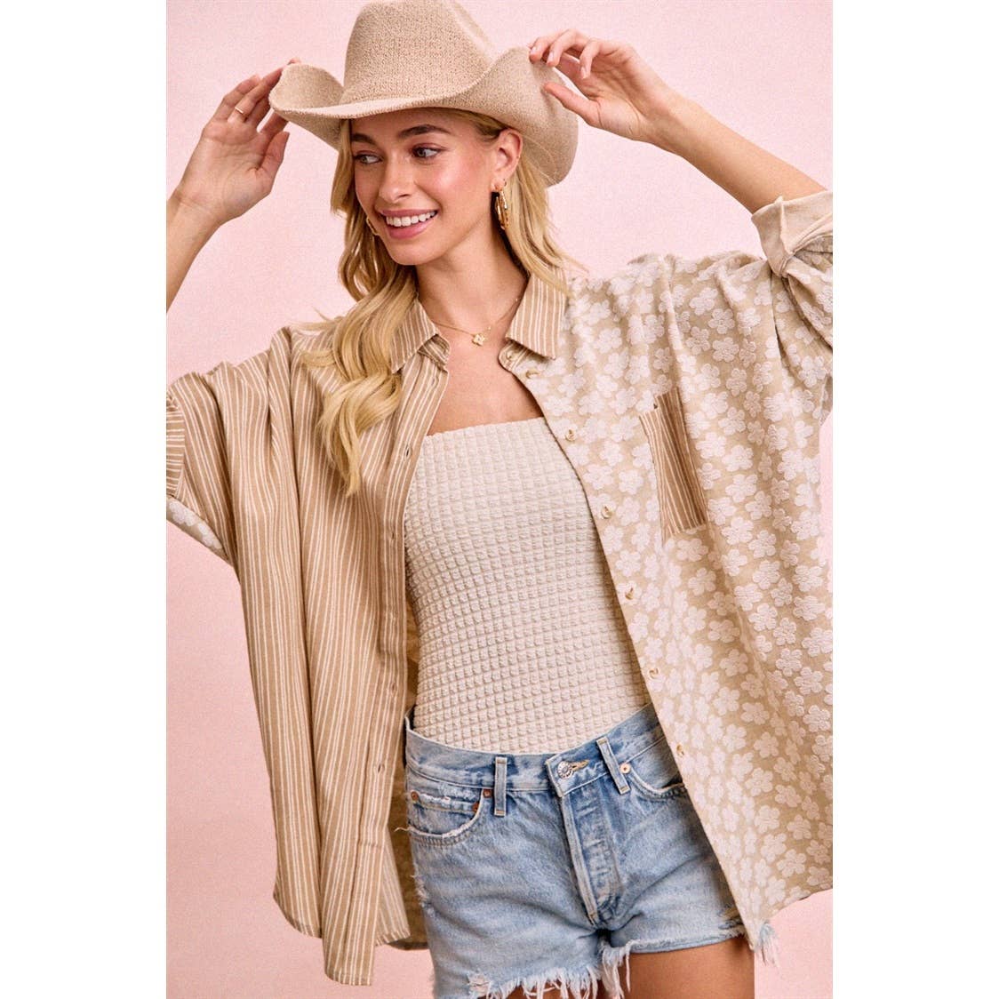 Taupe stripe and floral jacquard shirt top from Krafty Bandit (view 1)
