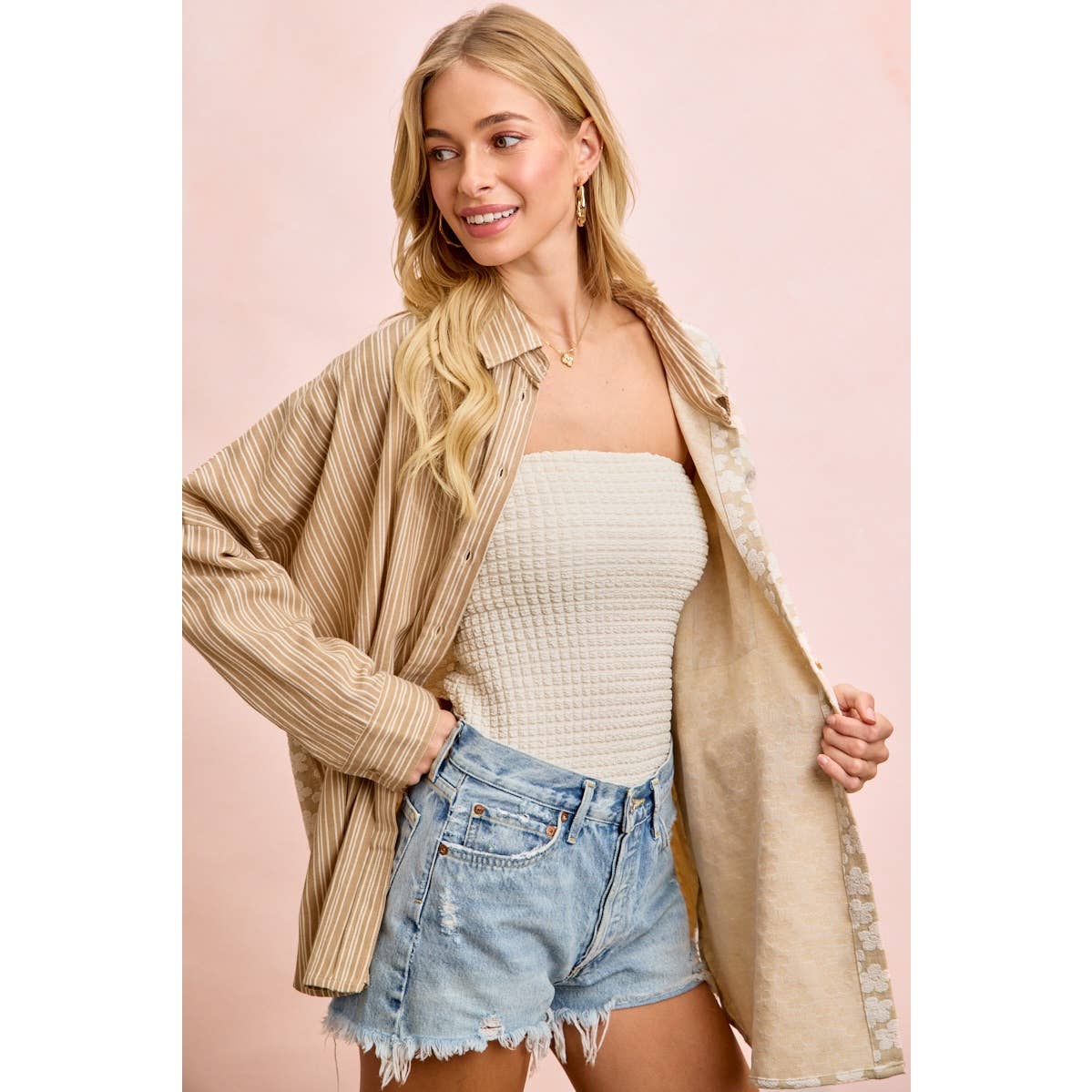 Taupe stripe and floral jacquard shirt top (view 10)