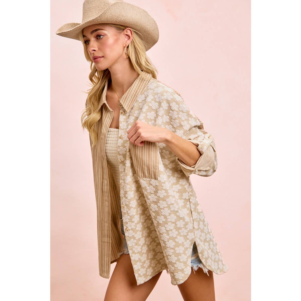 Taupe stripe and floral jacquard shirt top (view 11)