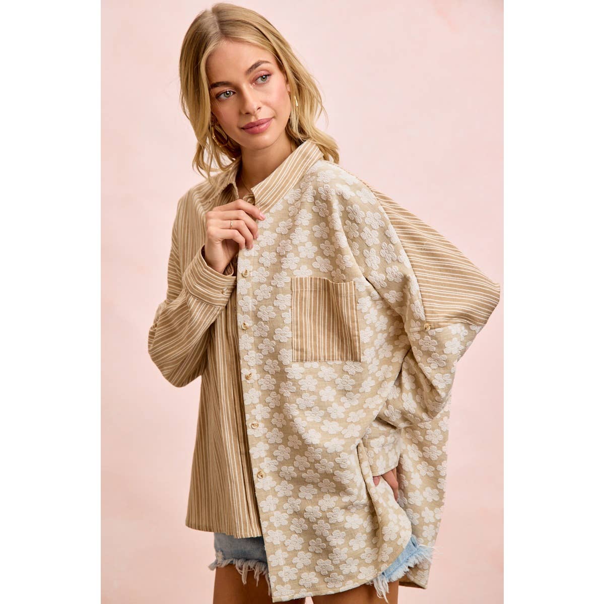 Taupe stripe and floral jacquard shirt top (view 12)