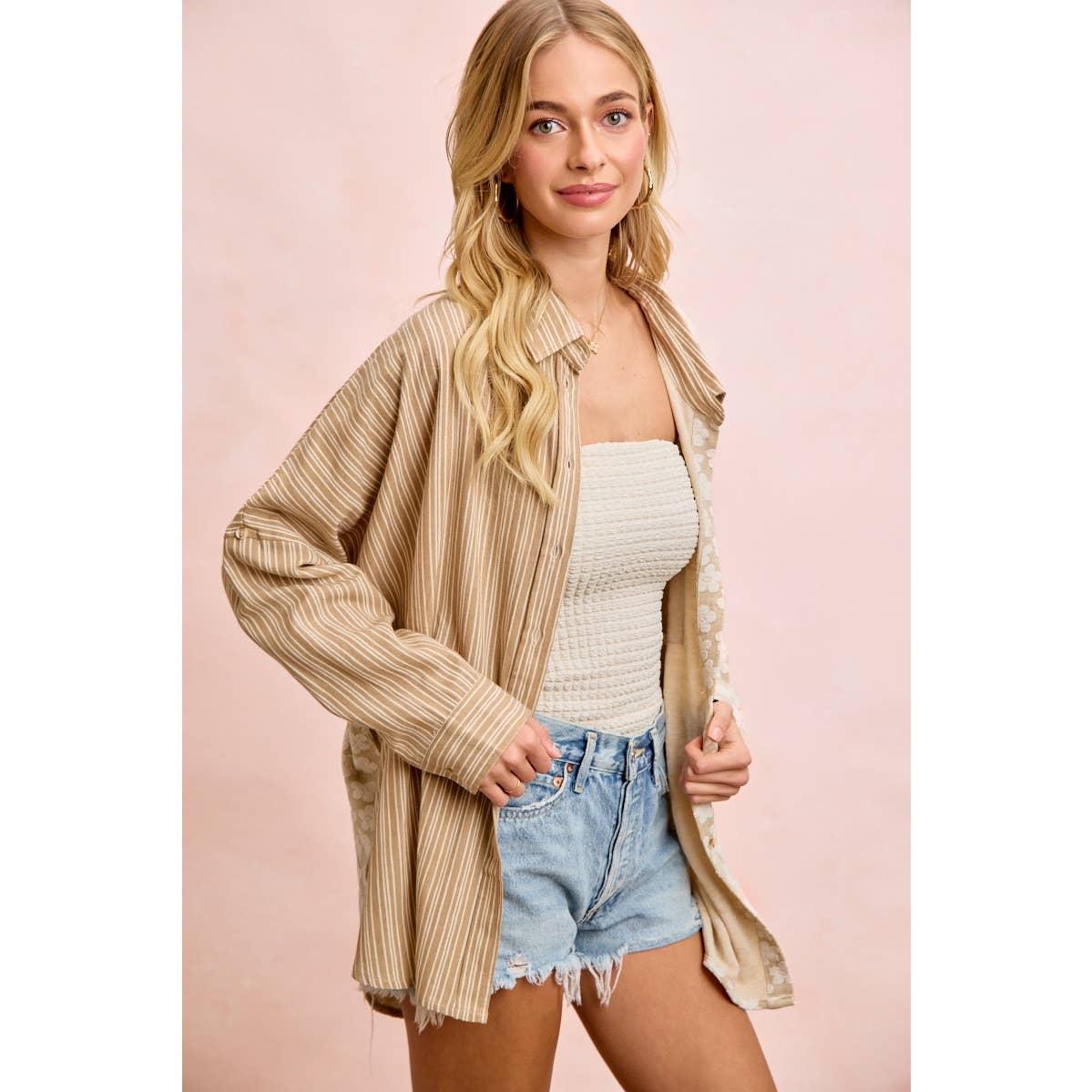 Taupe stripe and floral jacquard shirt top (view 13)