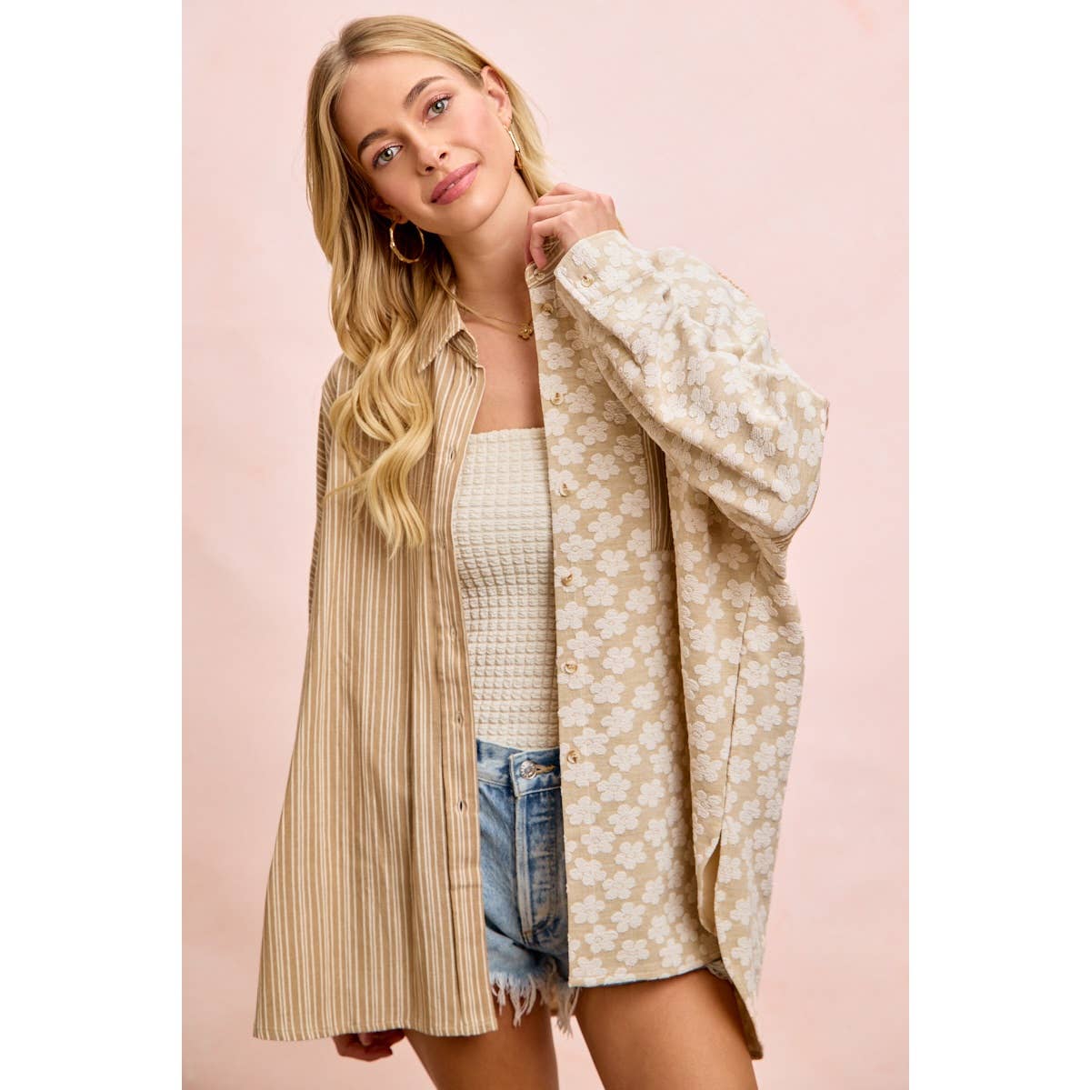 Taupe stripe and floral jacquard shirt top (view 14)