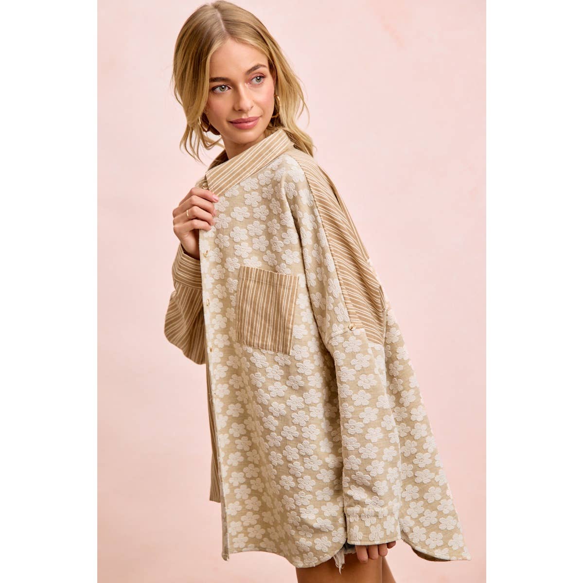 Taupe stripe and floral jacquard shirt top (view 15)