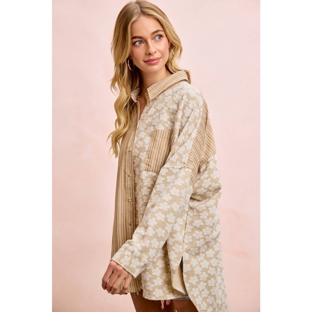 Taupe stripe and floral jacquard shirt top (view 16)