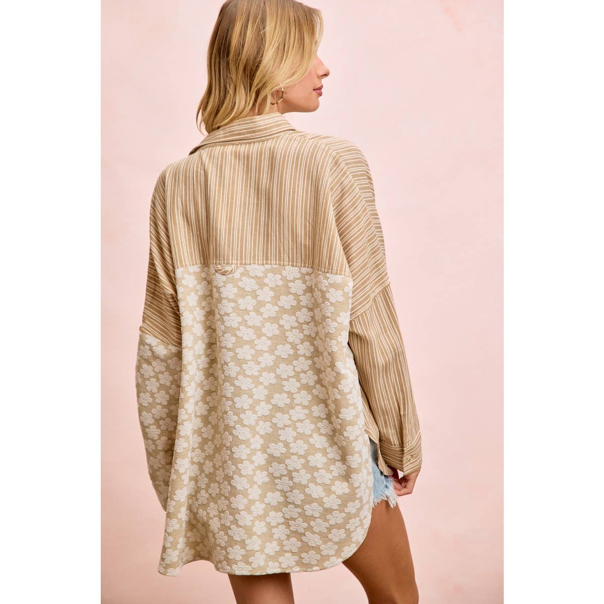 Taupe stripe and floral jacquard shirt top (view 17)