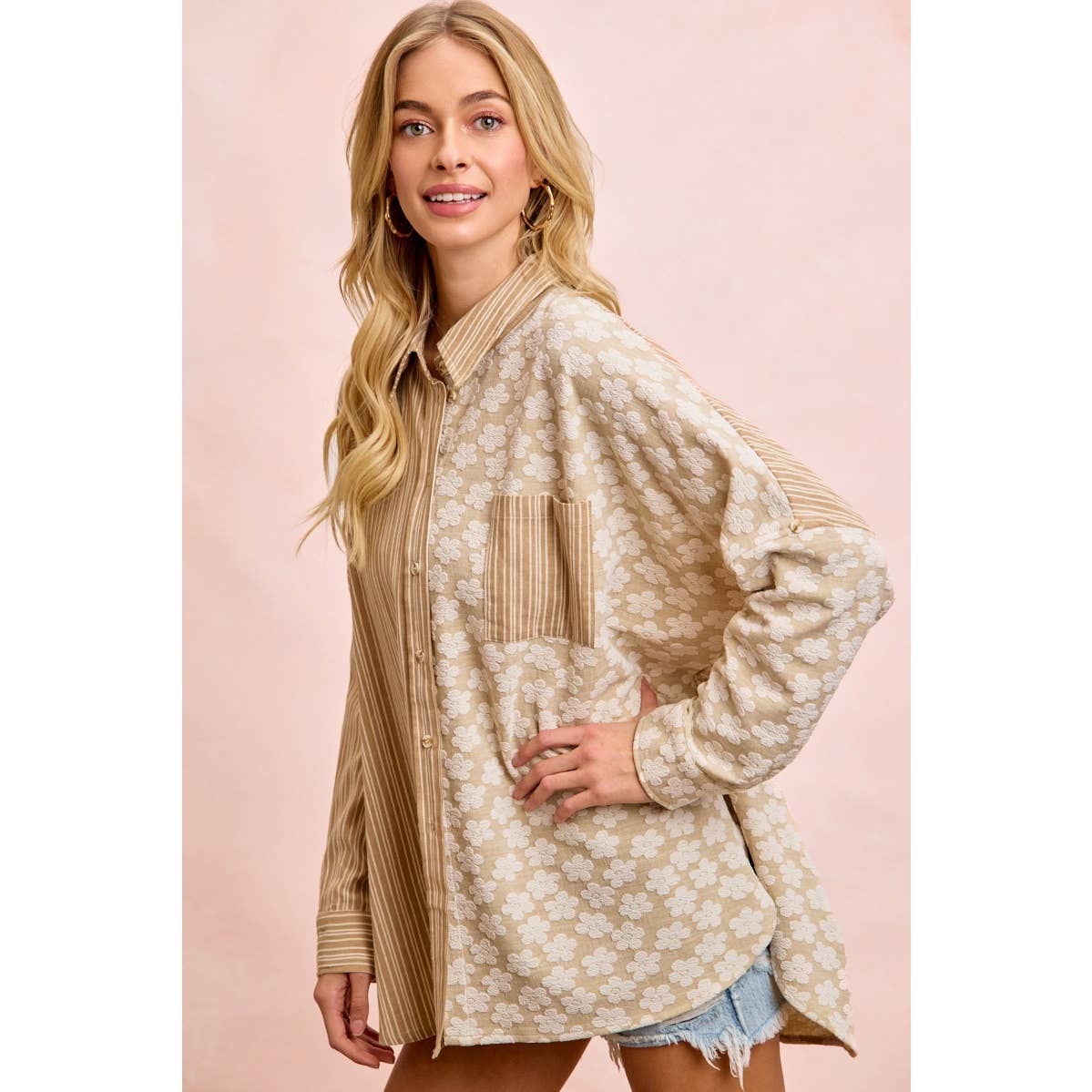 Taupe stripe and floral jacquard shirt top (view 2)