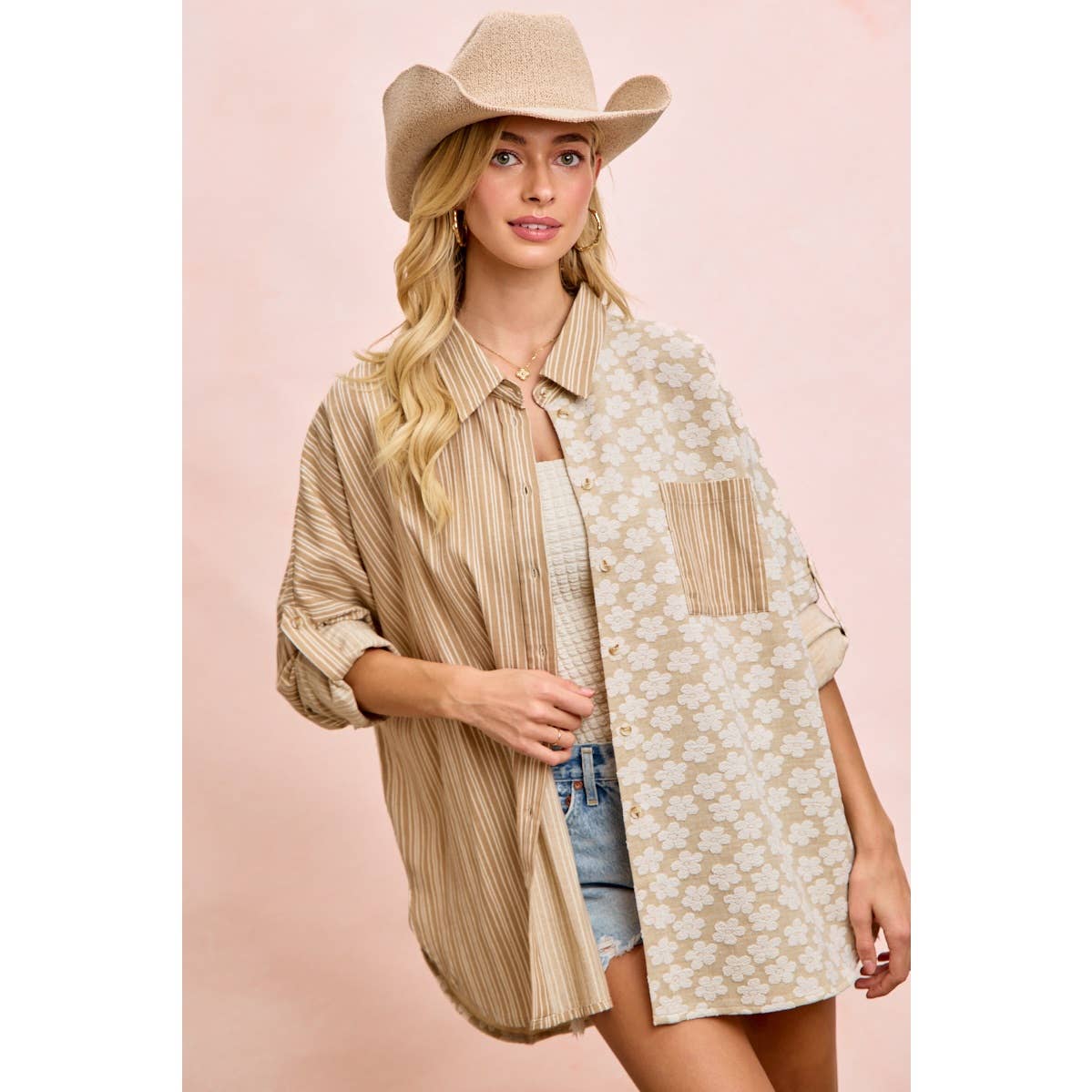Taupe stripe and floral jacquard shirt top (view 3)