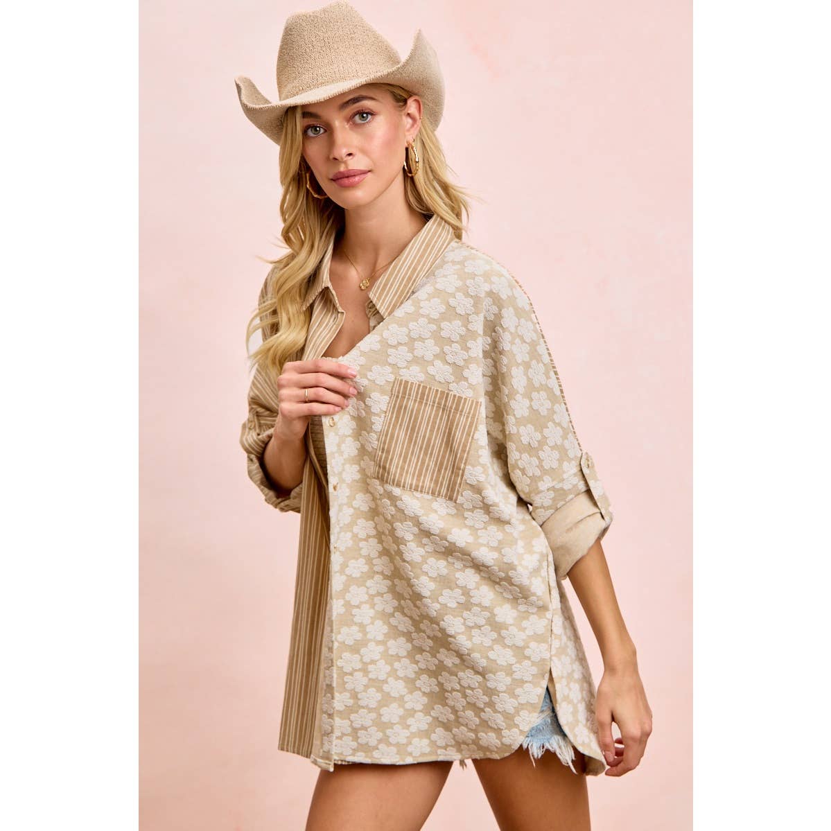 Taupe stripe and floral jacquard shirt top (view 4)