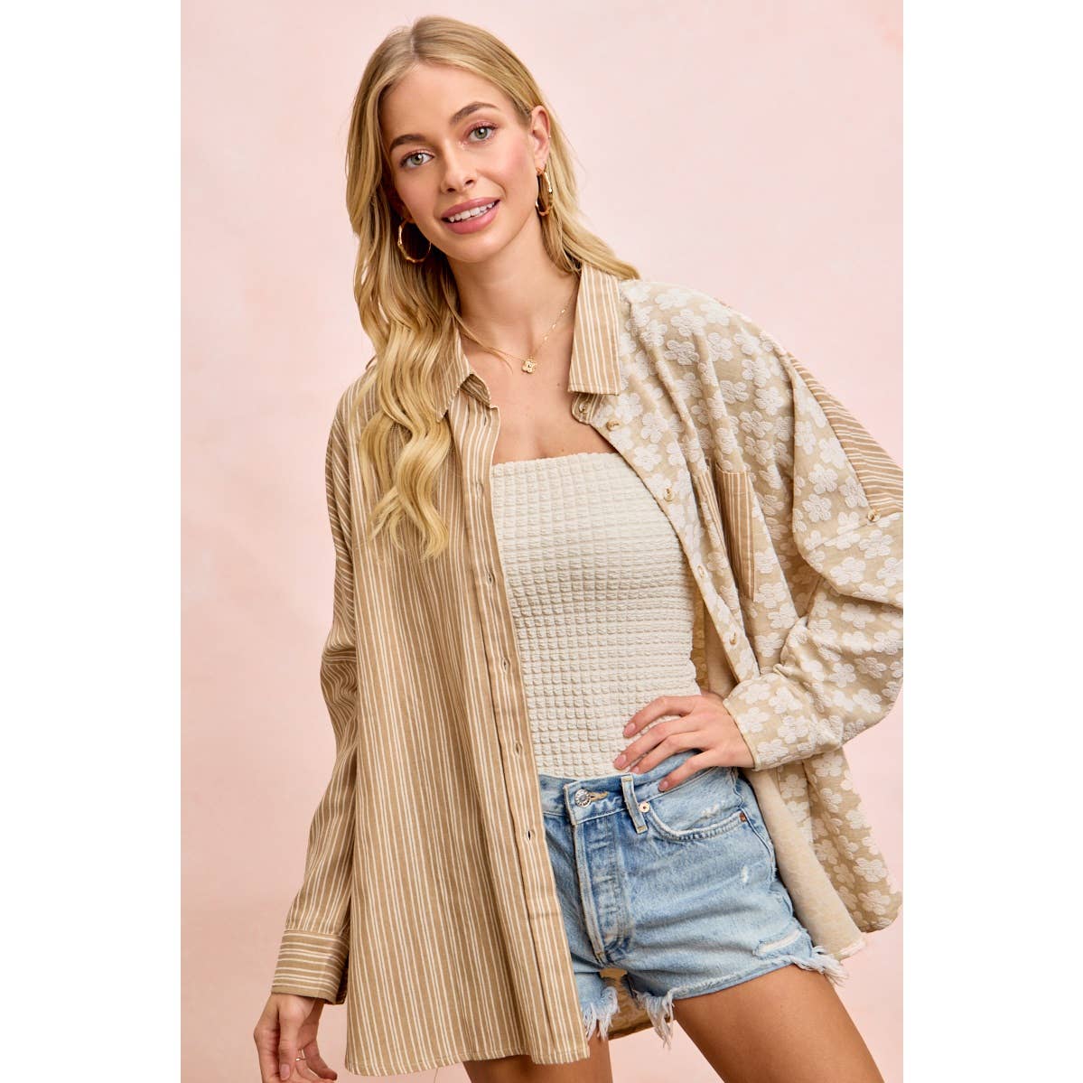 Taupe stripe and floral jacquard shirt top (view 5)