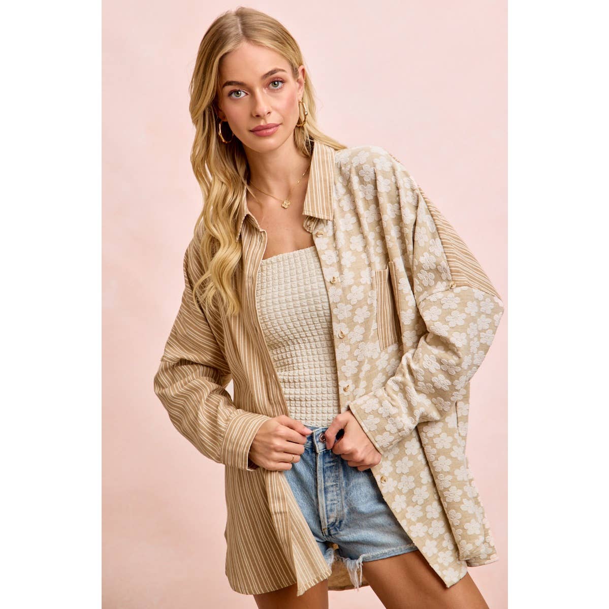 Taupe stripe and floral jacquard shirt top (view 6)