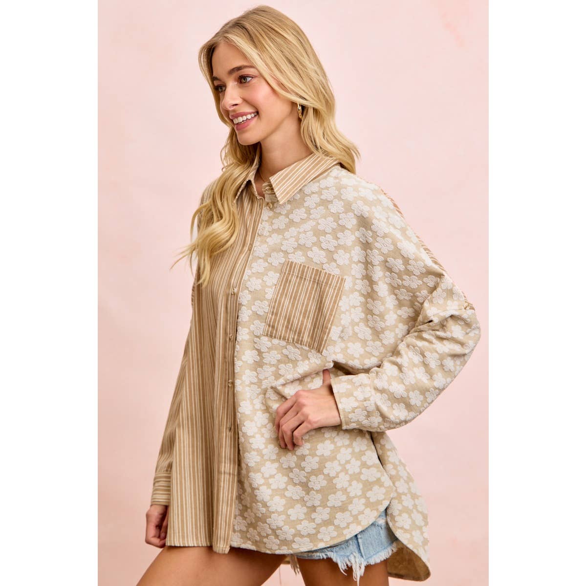 Taupe stripe and floral jacquard shirt top (view 7)