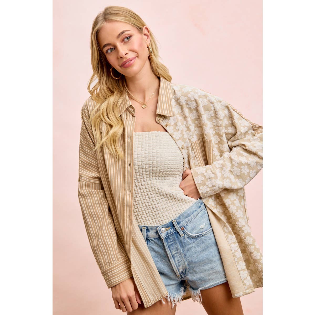 Taupe stripe and floral jacquard shirt top (view 8)