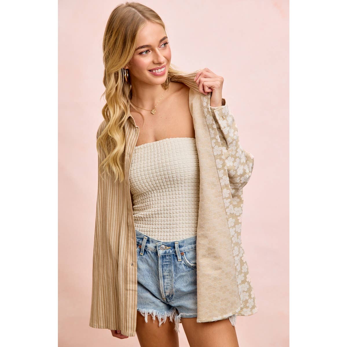 Taupe stripe and floral jacquard shirt top (view 9)