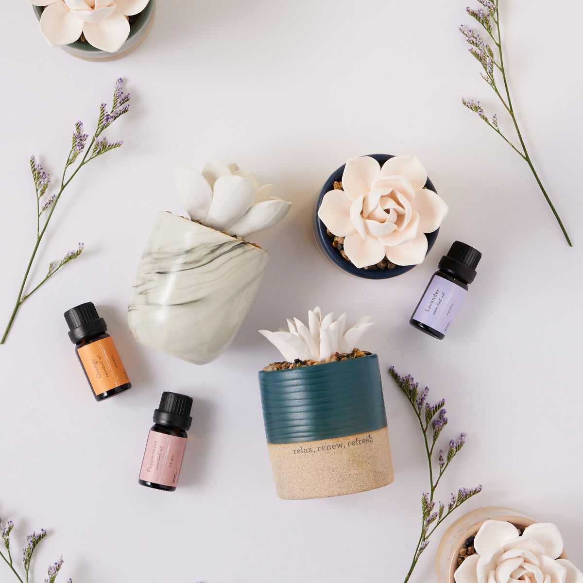 Succulent oil diffuser flat lay with essential oil bottles and dried flowers