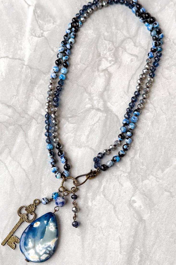 Suki Long Beaded Necklace - Blue Fire Agate