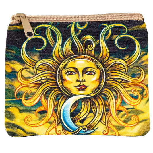 Zip coin purse printed with a gold sun face and a crescent moon on a deep teal ground