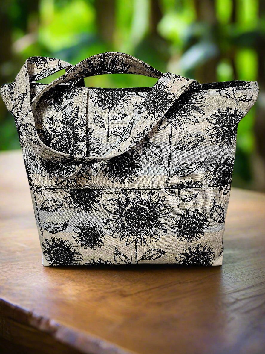 Handmade sunflower print weekender tote bag