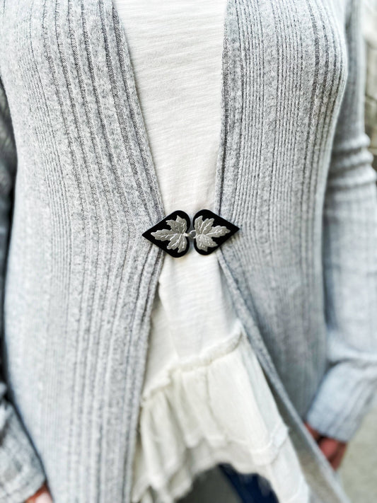 KardiKlips Sweater Clip & Cloak Clasp - Silver Leaf on Black Leather, photo 1 of 5