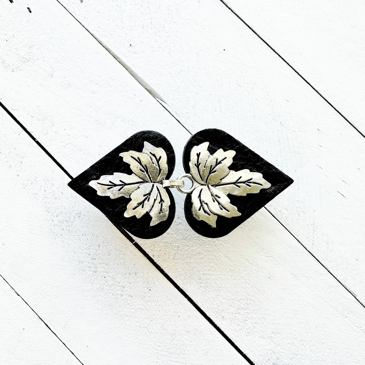 KardiKlips Sweater Clip & Cloak Clasp - Silver Leaf on Black Leather, photo 2 of 5