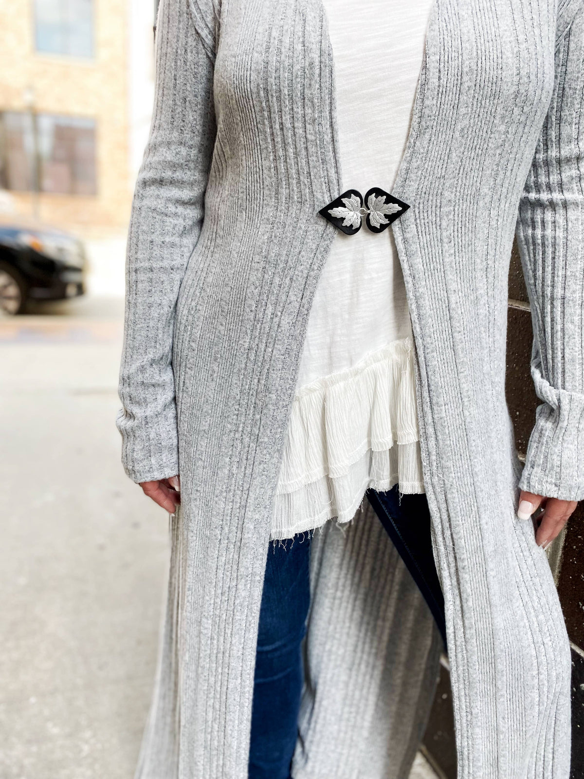 KardiKlips Sweater Clip & Cloak Clasp - Silver Leaf on Black Leather, photo 5 of 5