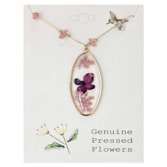 Rose Quartz & Dried Flower Pendant Necklace - Gold