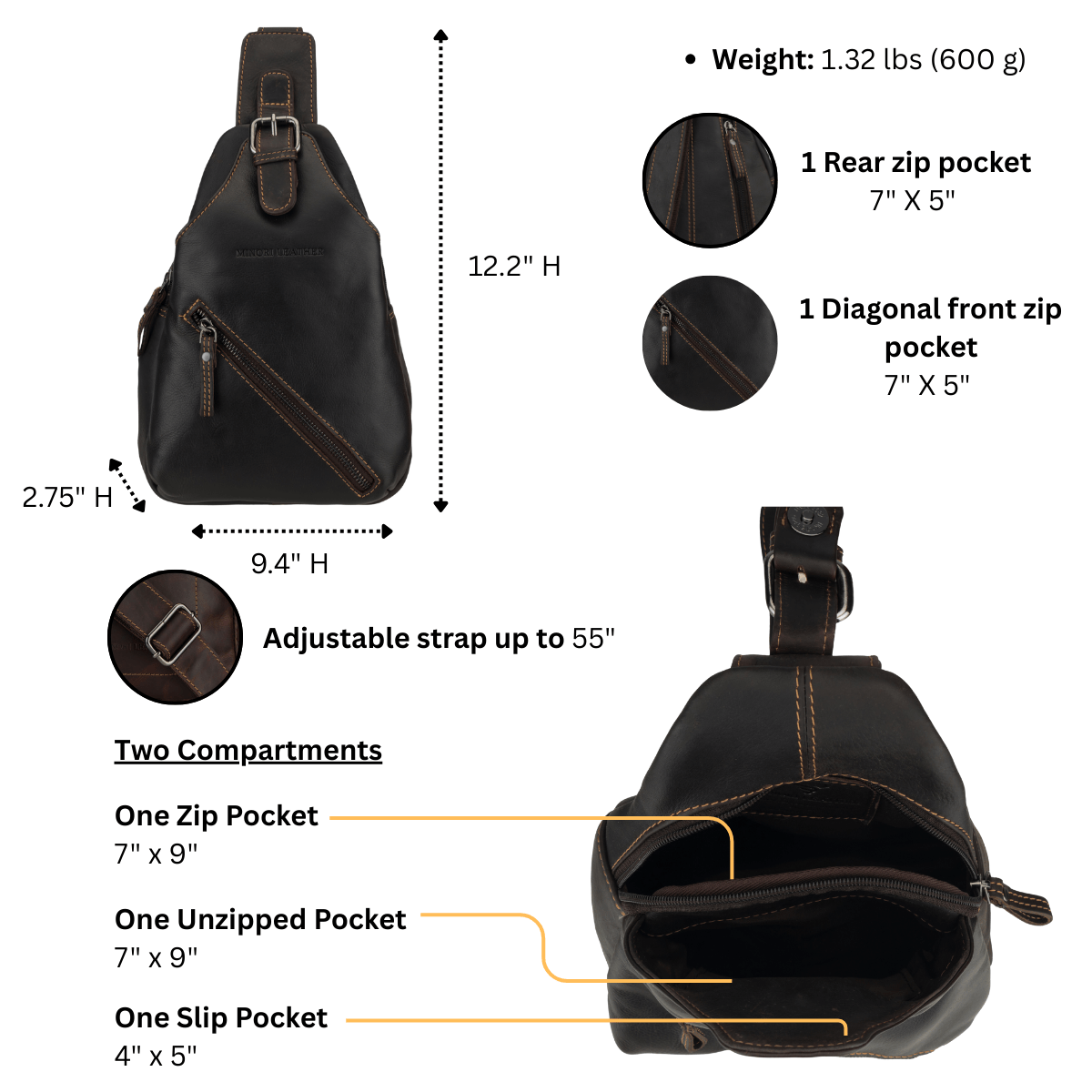 Sydney Full-Grain Leather Crossbody Sling Bag - Brown, photo 6 of 11
