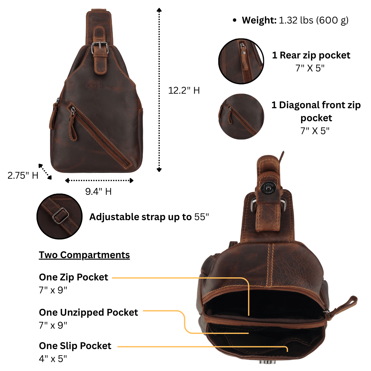 Sydney Full-Grain Leather Crossbody Sling Bag - Chestnut, photo 10 of 14