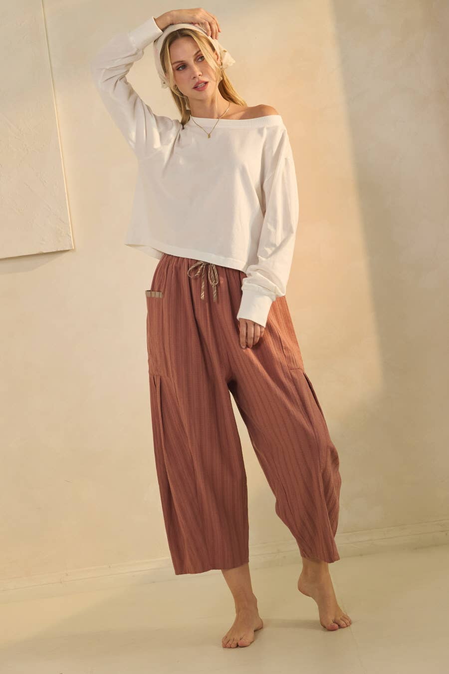 Textured Cropped Utility Pants - Rust, 85% cotton, 15% polyester