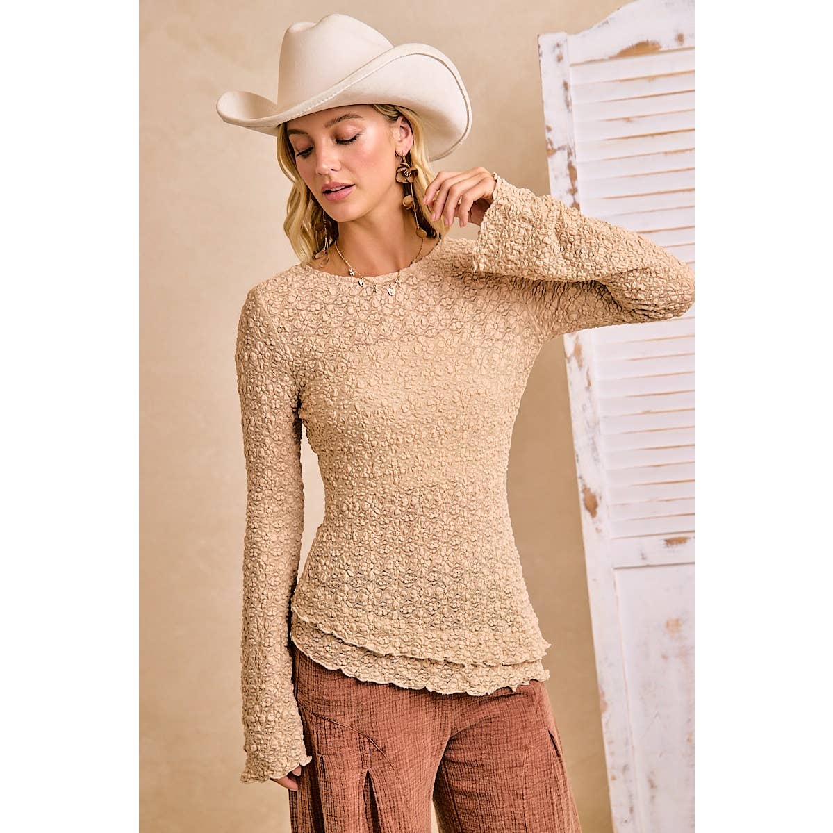Tan lace top showing the double-layer scalloped hem