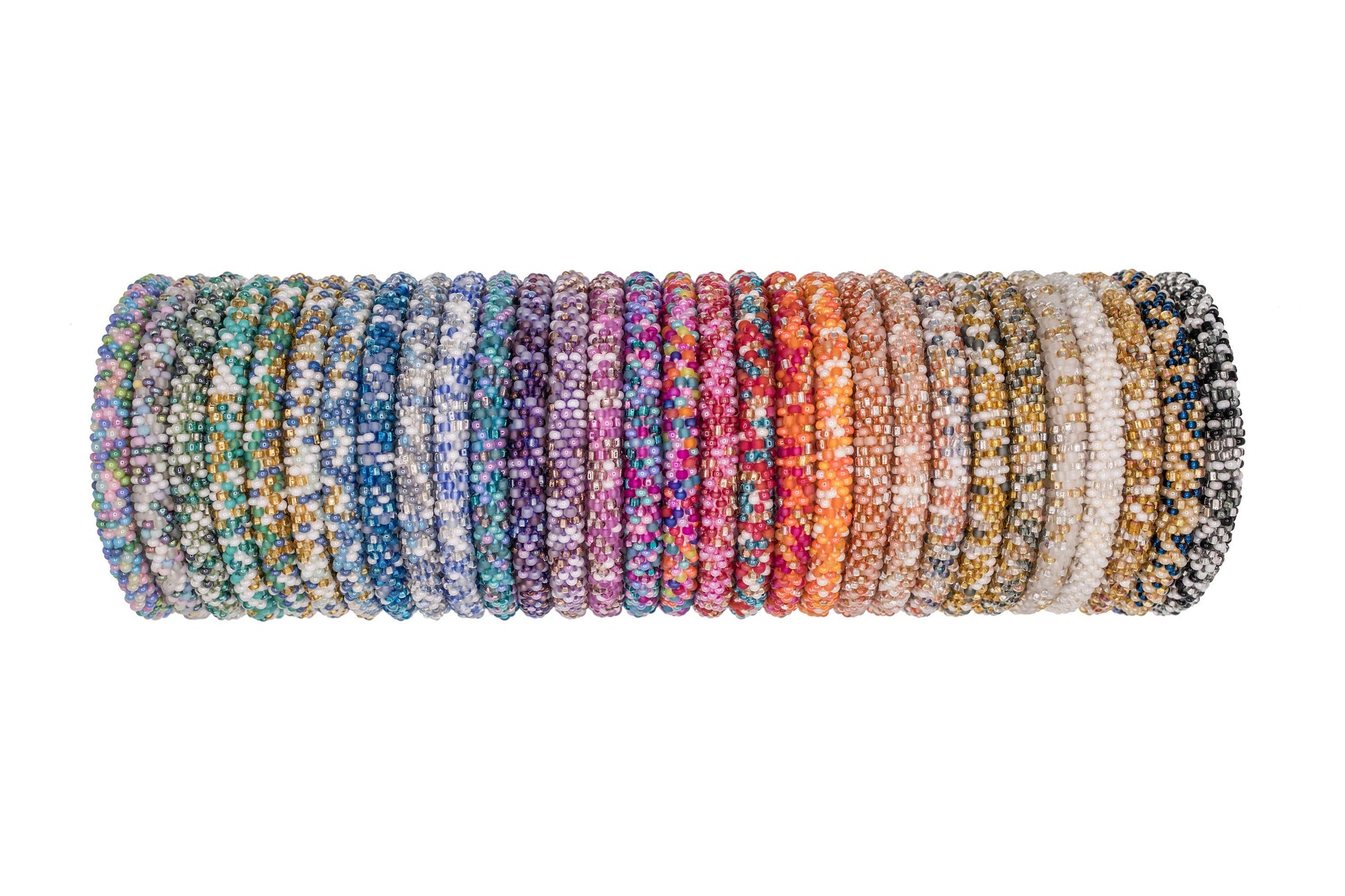 Row of assorted multicolor roll-on bracelets standing on edge