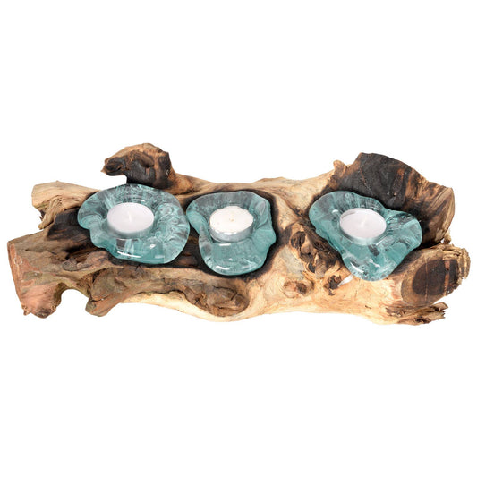 Triple molten glass tea light candle holder on natural driftwood