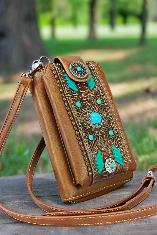 Turquoise-Studded Cellphone Holder Wallet - Brown, photo 1 of 3