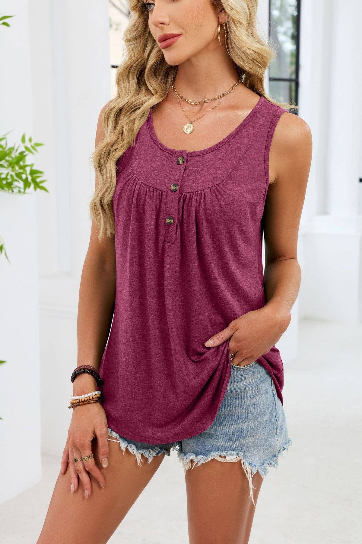 V-Neck Eyelet Knit Short Sleeve Top - Burgundy