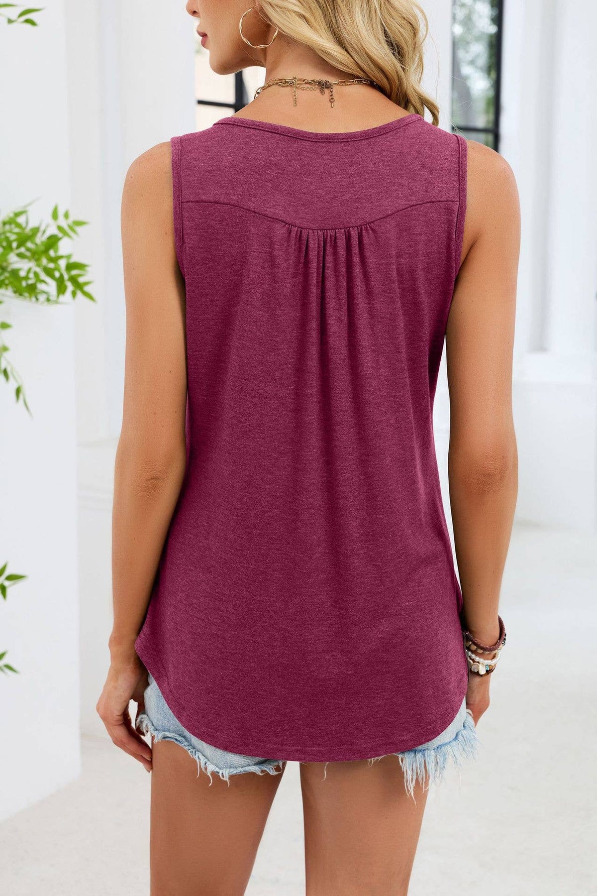 V-Neck Eyelet Knit Short Sleeve Top - Burgundy, photo 2 of 6