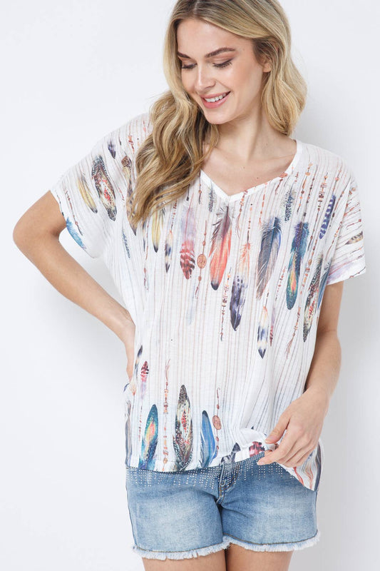 V-Neck Feather Print Short Sleeve Top - Multi
