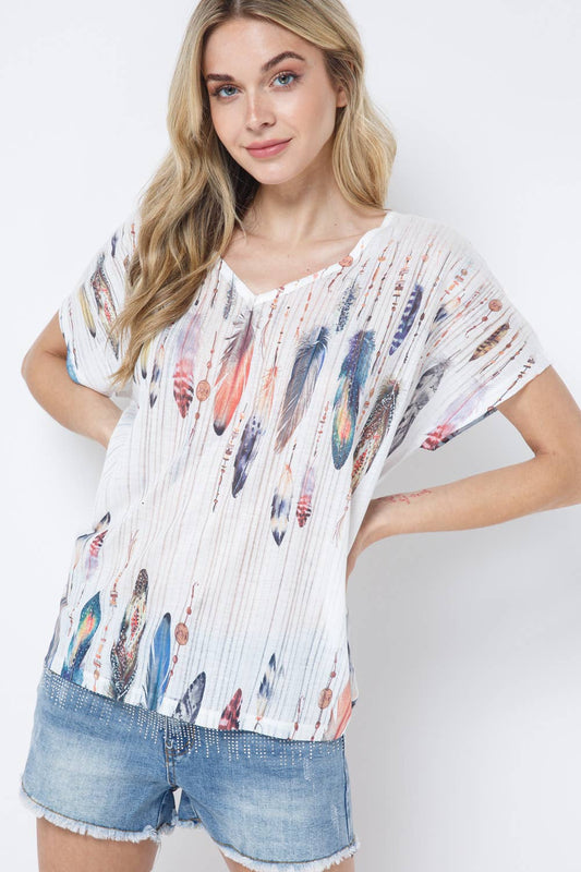 V-Neck Feather Print Short Sleeve Top - Multi, photo 2 of 4