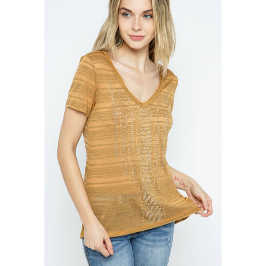V-Neck Striped Sheer Top with Rhinestones - Mustard